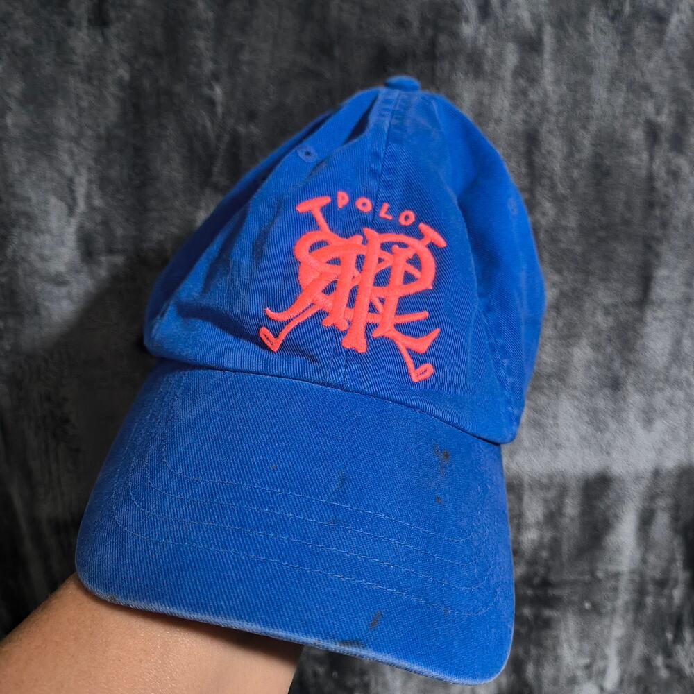 VTG Polo Ralph Lauren Blue Hat Cap Pink Embroidery Logo RARE